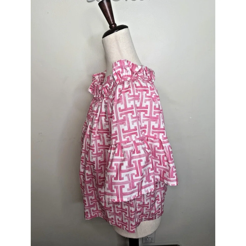 Brooke Wright USA Pink White Geometric Off Shoulder Cotton Peasant Crop Top S